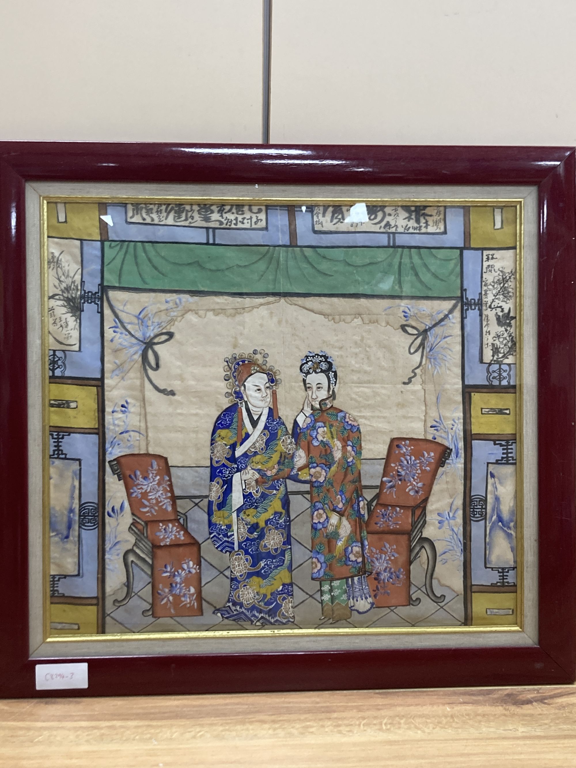 Chinese School c.1900, watercolour and gouache on silk, Interior with two standing figures, overall 43 c 48cm